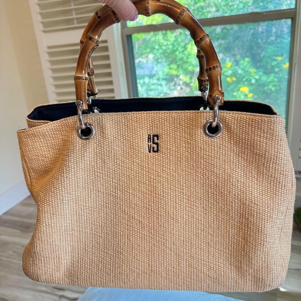 Mark and Graham Bamboo Elisabetta Raffia Handbag Natural W/ Mono RVS